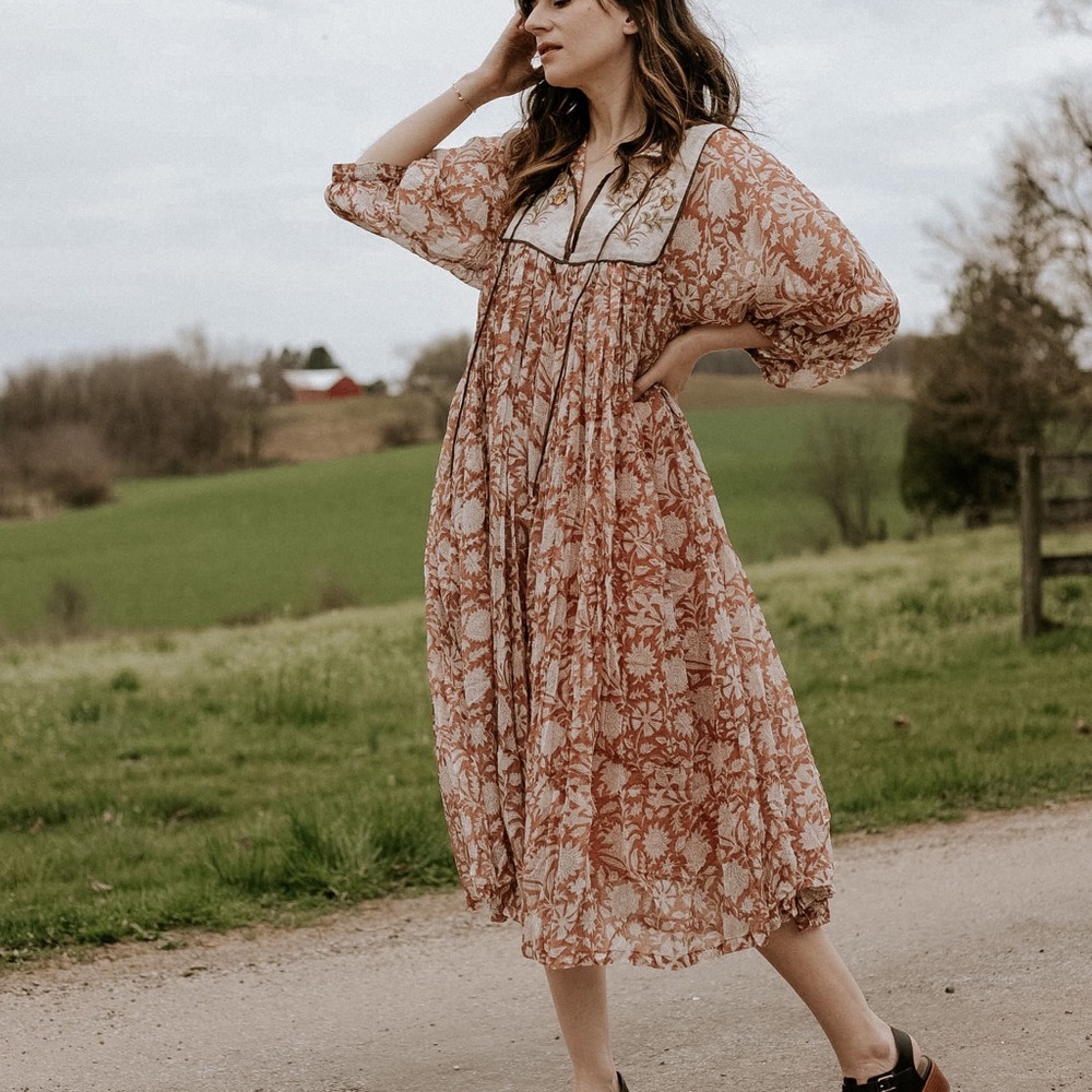 Daughters of India Floral Midi Dress in Brown and Cream